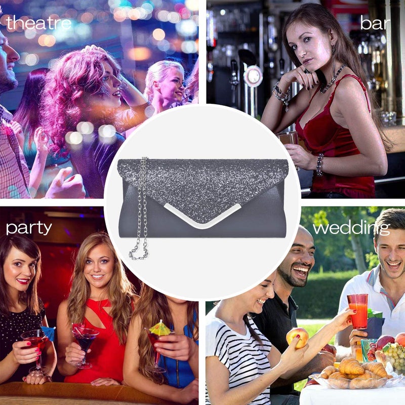 Rancco Women Evening Envelope Handbag Prom Sequin Clutch Purse Shoulder Cross Body Bag (Black) - Image 5